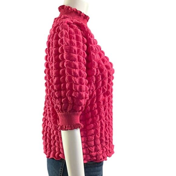 English Factory Mock Neck Popcorn Textured Knit Bubble Sleeve Top XS Pink - Picture 5 of 12